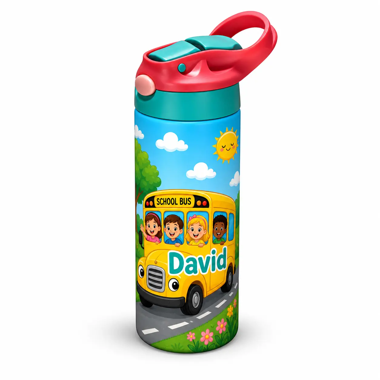 Personalized Kids Water Bottle with Straw Lid • Custom School Bus Bottle for Boys & Girls • 12oz Stainless Steel Water Bottle • Back to School Kids Tumbler • Personalized Name Bottle
