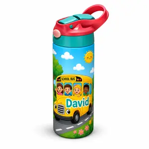Personalized Kids Water Bottle with Straw Lid • Custom School Bus Bottle for Boys & Girls • 12oz Stainless Steel Water Bottle • Back to School Kids Tumbler • Personalized Name Bottle