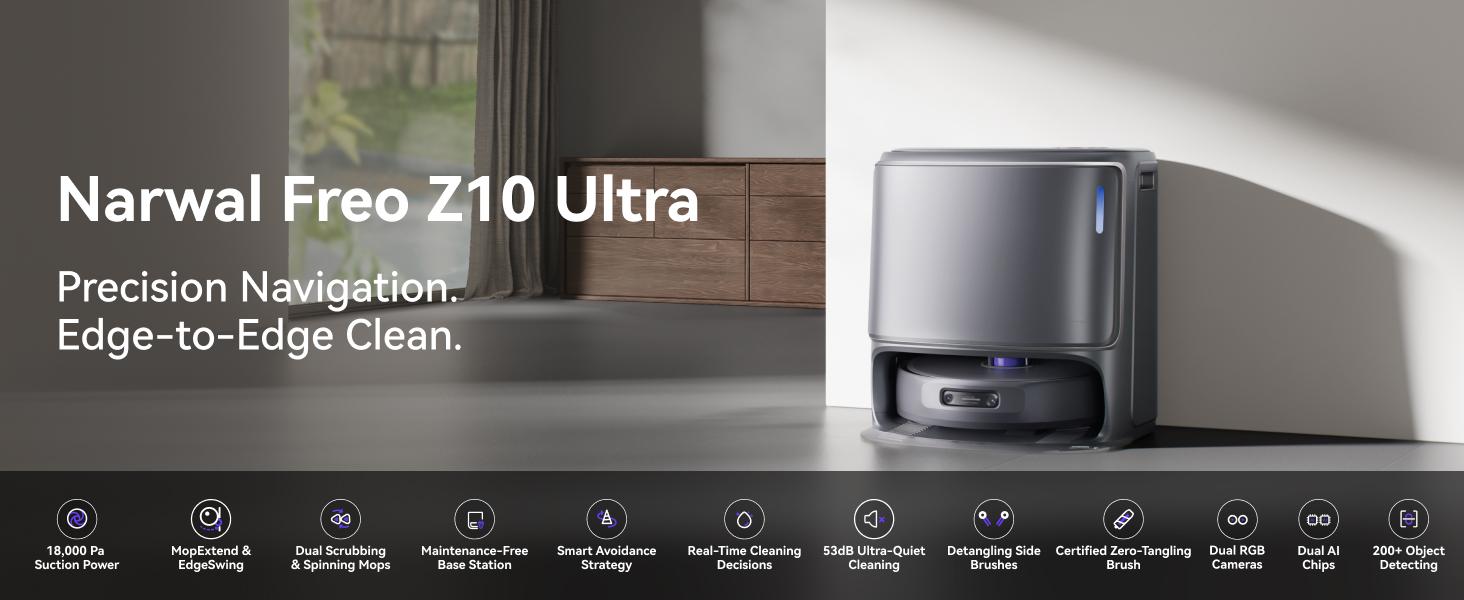 NARWAL Freo Z10 Ultra Robot Vacuum and Mop Combo, Dual RGB Cameras and Chips, AI Avoidance, 8N Corner to Edge Deep Cleaning, Dry-Wet Separation, 18000Pa, Hot Water Wash & Self-Emptying, Gray