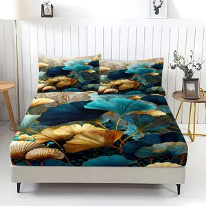 Ginkgo Leaf Fitted Sheet Set 3 Pcs, Blue Gold Leaves Sheet Set, Soft Microfiber Bedding Set, Wrinkle and Fade Resistant, Cozy Home Decor