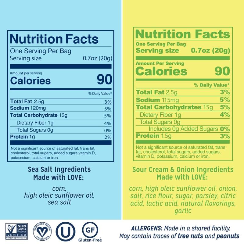 LOVE CORN Sampler Variety Pack 0.7oz x 8 Bags [2x Sea Salt, 2x Sour Cream and Onion, 1 Each of Cheddar, BBQ, Salt & Vinegar and Hot & Spicy] - Delicious Crunchy Corn - Healthy Family Snacks - Gluten Free, Kosher, NON-GMO