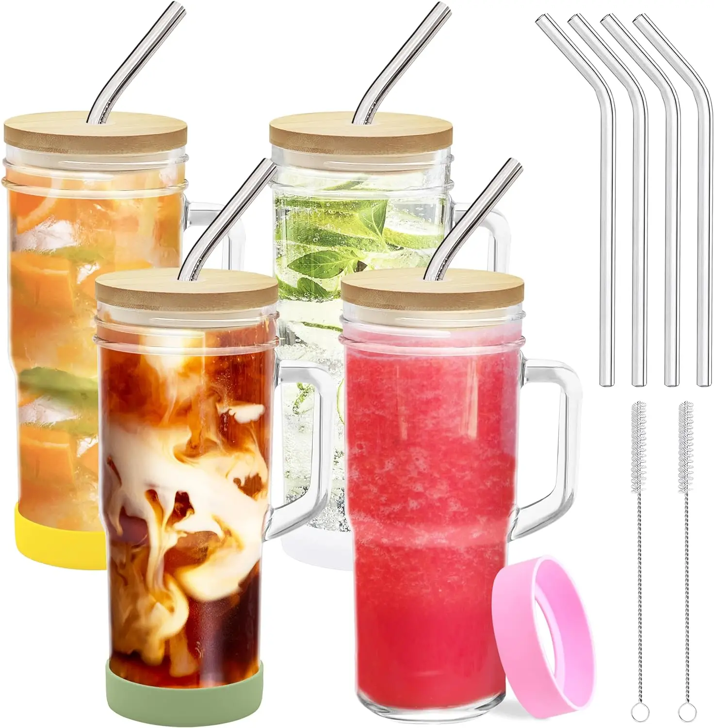 【SUHOPE】【Back To School】 4-Pack 24oz Glass Tumbler Cups with Handle, Bamboo Lids, and Straws - Reusable Mason Jar Drinking Glasses for Iced Coffee, Sm