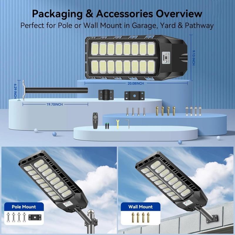 Solar Street Lights Outdoor, Solar Lights Outdoor Waterproof with Motion Sensor and Remote Control, Parking Lot Light Dusk to Dawn Security Flood Light for Yard, Garden