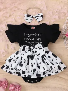Cow Brand 2-piece Soft Fashionable Comfortable Cute Baby Girl Letter Heart Pattern Embroidered Bow Decoration Dress Jumpsuit & Headband Set Slight