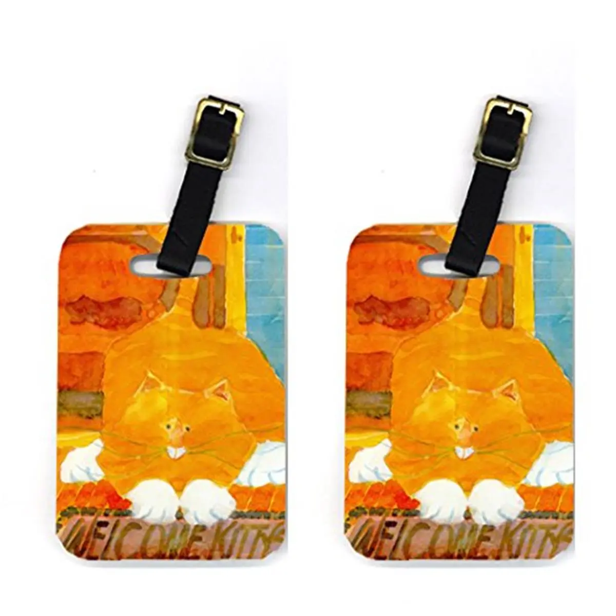 Orange Tabby Welcome Travel Luggage Tags - Rectangular Pair Set (2 Pieces), 4 x 2.75 In