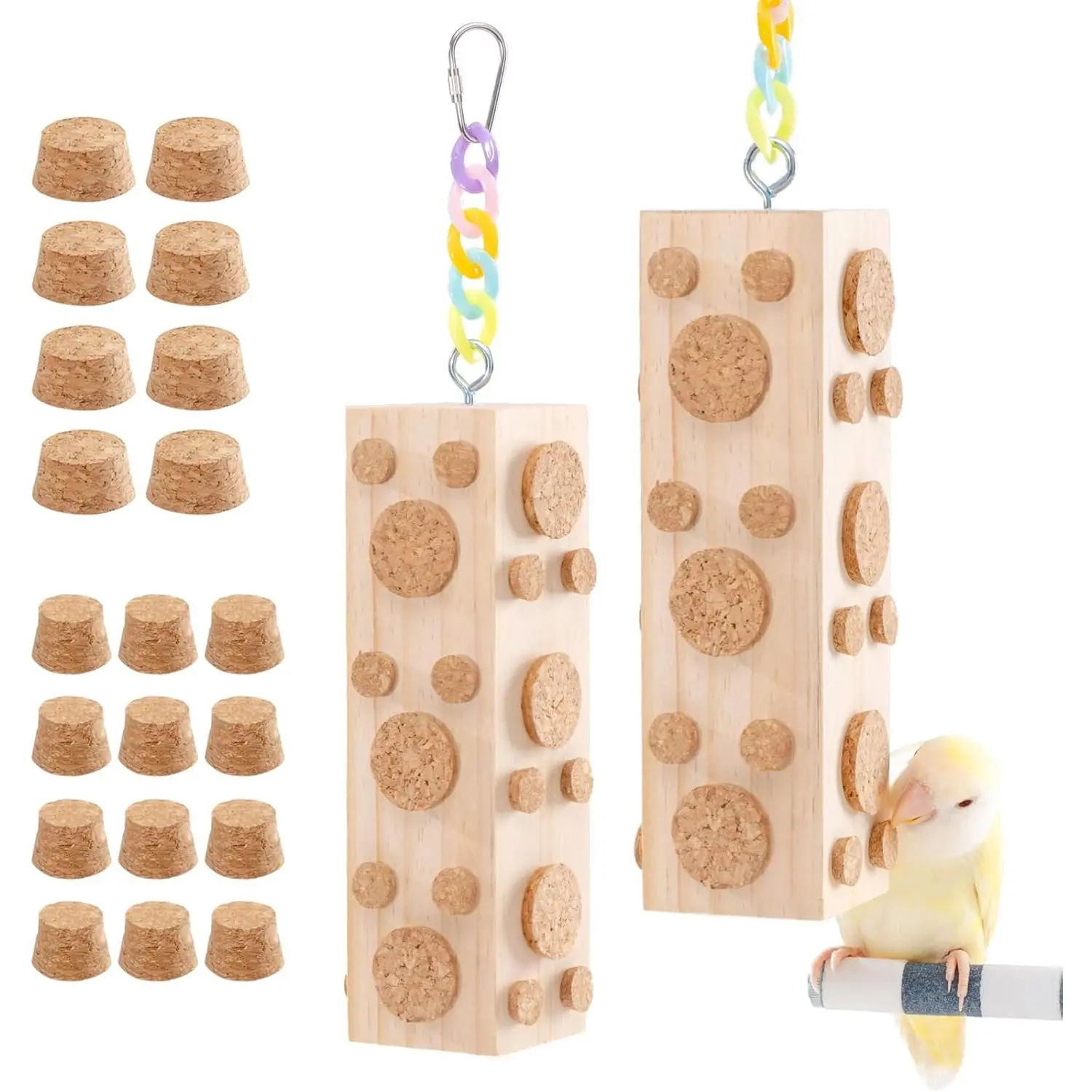 2-piece wooden bird chewing toy - 7.9inch Hanging parrot toy, equipped with 92 removable cork pieces, relieves boredom and anxiety, foraging toy, suitable for budgies, cockatiels, conures, lovebirds, and parakeets