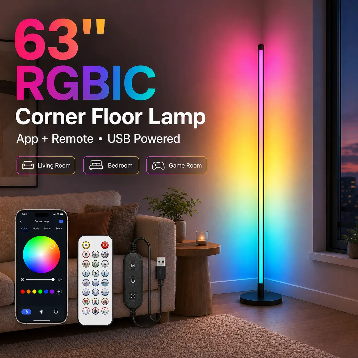 63-Inch Smart RGBIC Corner Floor Lamp, USB-Powered LED Mood Light with App, Remote Control, Music Sync & Timer, Adjustable Color-Changing Standing Lamp for Bedroom, Gaming Room Home Decor Home Decoration Lamp