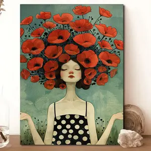 2D Flat Decorative Painting, 1 Piece Framed Poppy Flower Wall Art - Vibrant Red Poppy and Serene Woman, Modern Minimalist Style Canvas Floral Decoration, Suitable for Home and Office, Ideal for Room Decoration - Ideal Gift