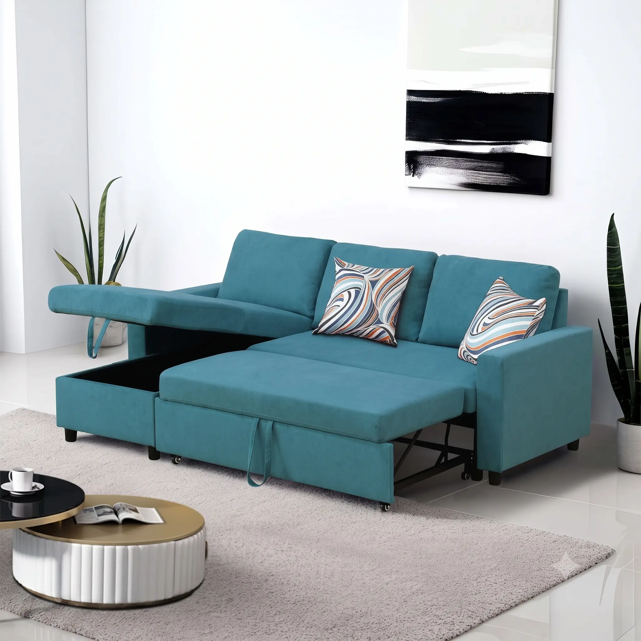 Indoor 2-Piece Cyan Blue Fluffy Fabric Futon Sofa Bed couch Set, Living Room & Bedroom nice Furniture comfy floor sofa lounge modern loveseat minisofa
