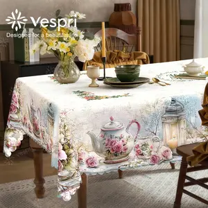 Vespri Tablecloth, Color Decoration, Teapot, Flowers And Lanterns, Style, Round, Rectangle, Oval, Suitable for Spring Summer, Restaurant, Party, Festival, Outdoor Etc
