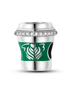 925 Sterling Silver Coffee Cup Design Bead, Rhinestone Decor Bead for Bracelet & Necklace Making, Fashion DIY Jewelry Accessories for Women & Girls