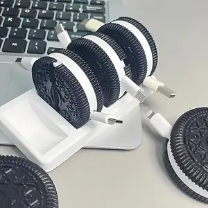 3D Printed Cookie-Shaped Cable Organizer - 4-Piece Set with Storage Tray, Desktop Decor & Cable Management Essential