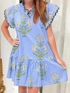 Women's Bohemian Floral Print Babydoll Mini Dress - V-Neck, Scalloped Embroidery Trim, Elegant, Casual, Fashionable Everyday Wear