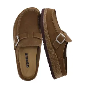 CUSHIONAIRE Women's Hobby Genuine Leather Cork Footbed Clog with Comfort, Arch Support, Buckle Strap, Slip-On Mules -Brown 7