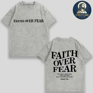 "FAITH OVER FEAR" Creative Pattern Printing Heavy 230g Pure Cotton  T-Shirt Washed T-Shirt Men's Retro Street Hip-Hop Unisex 230g Gradient Tee