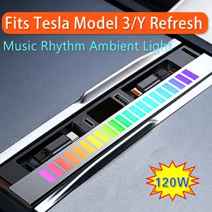 Model 3/Y Refresh Smart Beat-Sync Ambient Light Hub with 120W/65W Wireless Fast Charge, 4-Device Charging, 1m Retractable Cables, Front/Rear Seat Compatible