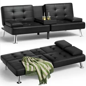 Futon Sofa Bed, Leather Futon Couch with Removable Armrests, Adjustable Recliner Sleeper Sofa Bed with Dual Cup Holders for Living Room, Apartment, Office (Black), 30.7 x 65 x 28