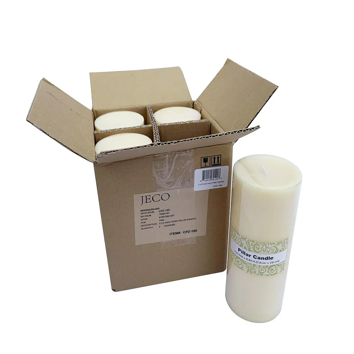 Jeco CPZ-180-4 Cotton 3x8 in. Ivory Pillar Candle Set - 4 Pieces