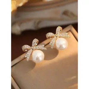 Elegant Bowknot-Shaped Faux Pearl & Rhinestone Inlaid Earrings, Sophisticated Design for Valentine's Day, Perfect Gift for Her, Jewelry Gifts