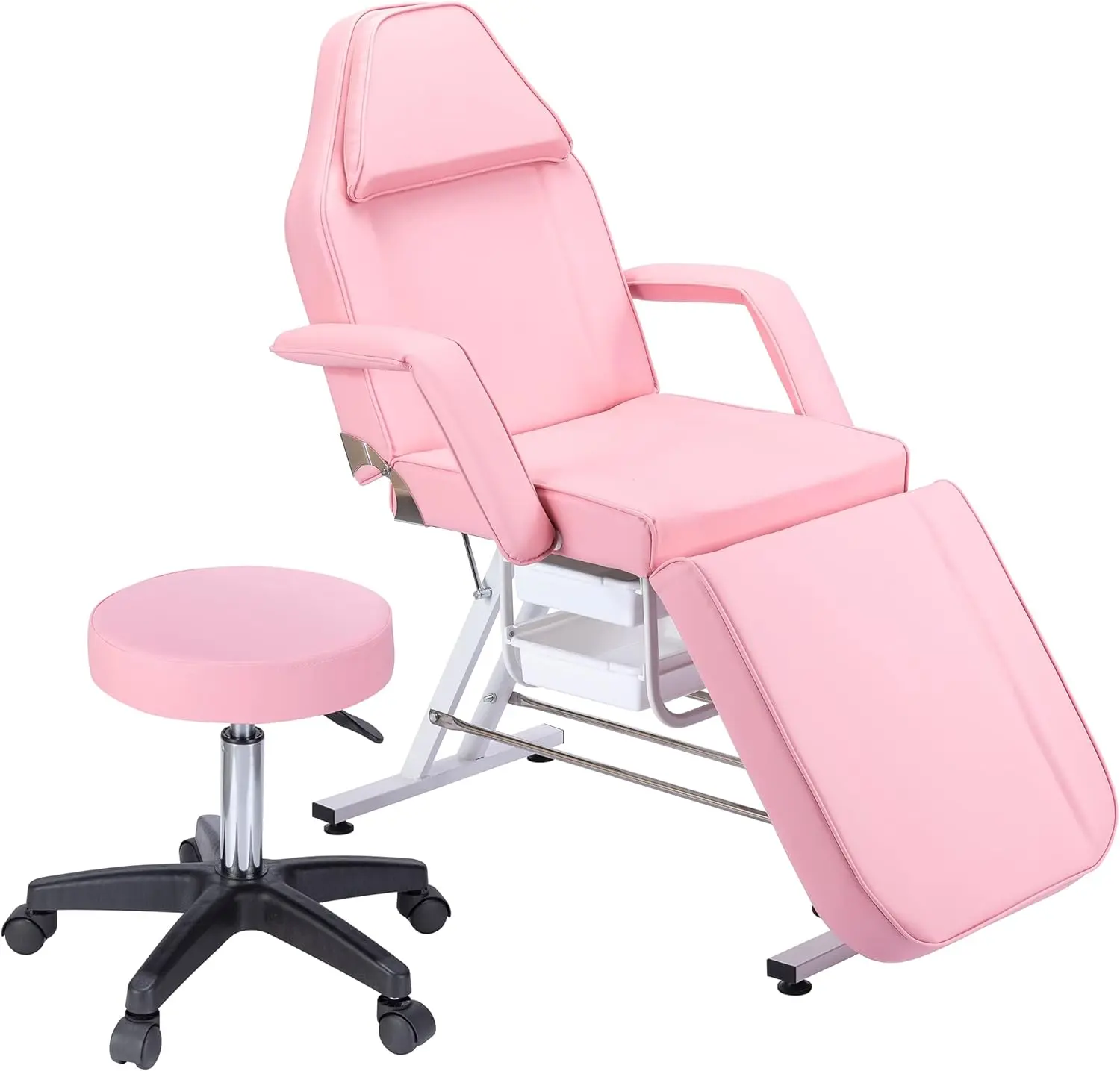 Salon Recliner Chair,3-Section Adjustable Esthetician Facial Bed with 2 Storage Trays & Hydraulic Stool, Multi-Purpose Tattoo Massage Spa Beauty Equipment,Pink