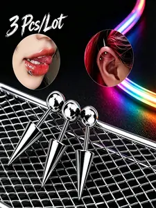 3pcs/lot 304 Stainless Steel Double-Ended Conical Ball Earrings, Punk Style Tragus Piercing, Unique Lip Ring Jewelry, Casual Daily Wear