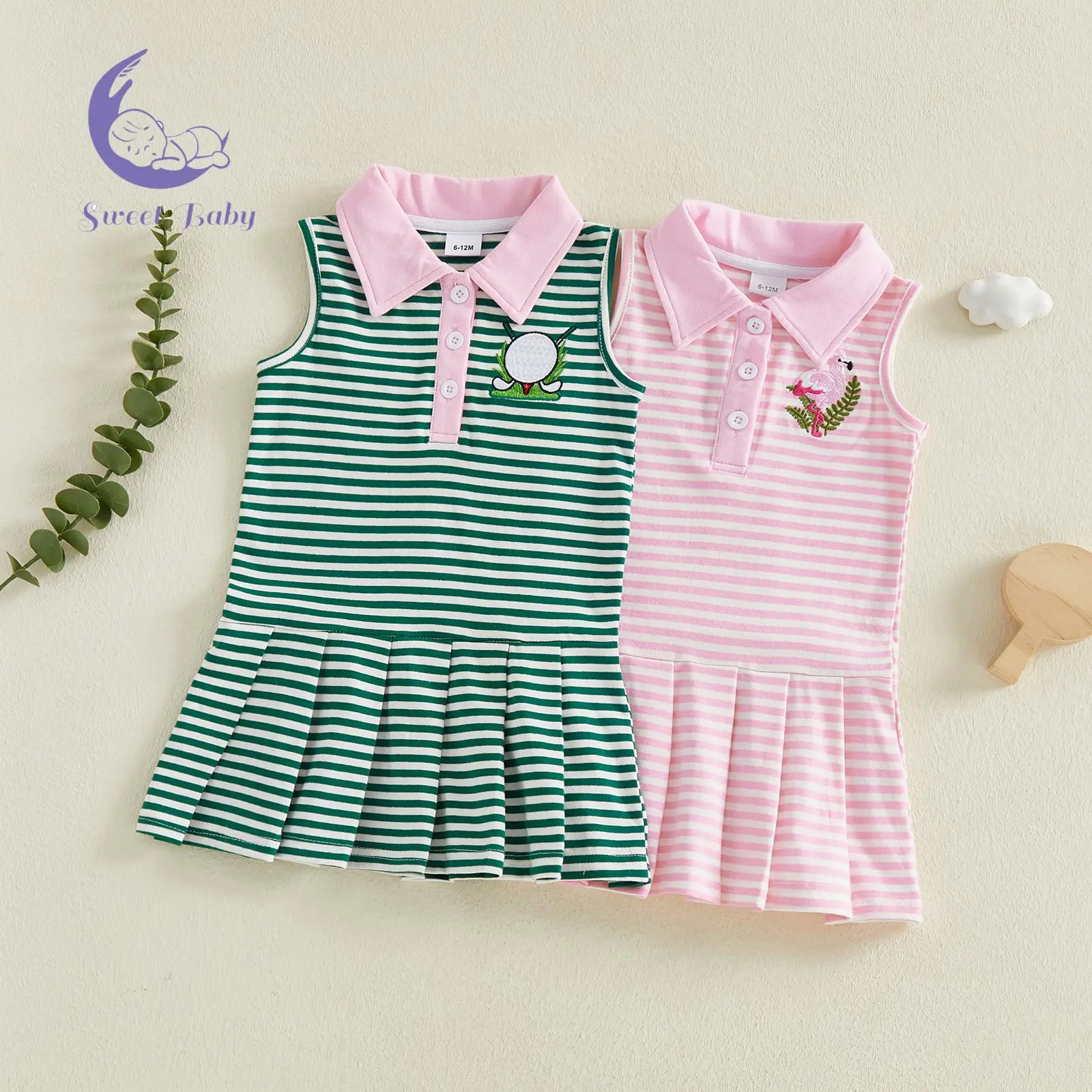 Girls A-line Dress, Sleeveless Turn-down Collar Striped Embroidery Tank Dress Summer Dress