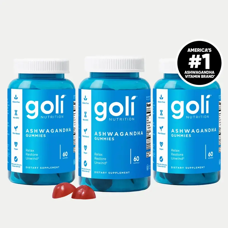 Goli 3‑Bottle Ashwagandha Vitamin D Gummy Set, KSM‑66, Mixed Berry, Plant‑Derived, Non‑GMO, Gluten‑Gelatin‑Free Chewables