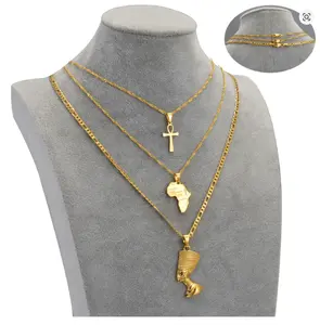 3pcs Ankh, Nefertiti & Africa Map Pendant Necklace Set (Gold & Silver Options)