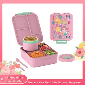 Bento Lunch Box for Kids with 8.5oz Soup Thermo, Kids Leakproof Lunch Food Containers with 4 Compartment, Blue Nylon Insulated Lunch Bag Adjustable Strap for Teens School Travel Picnic