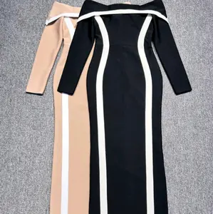 Sylvi Bandage Dress - Casual Women's Dress with Long Sleeves and Vertical Stripes in Black and Beige - Womenswear