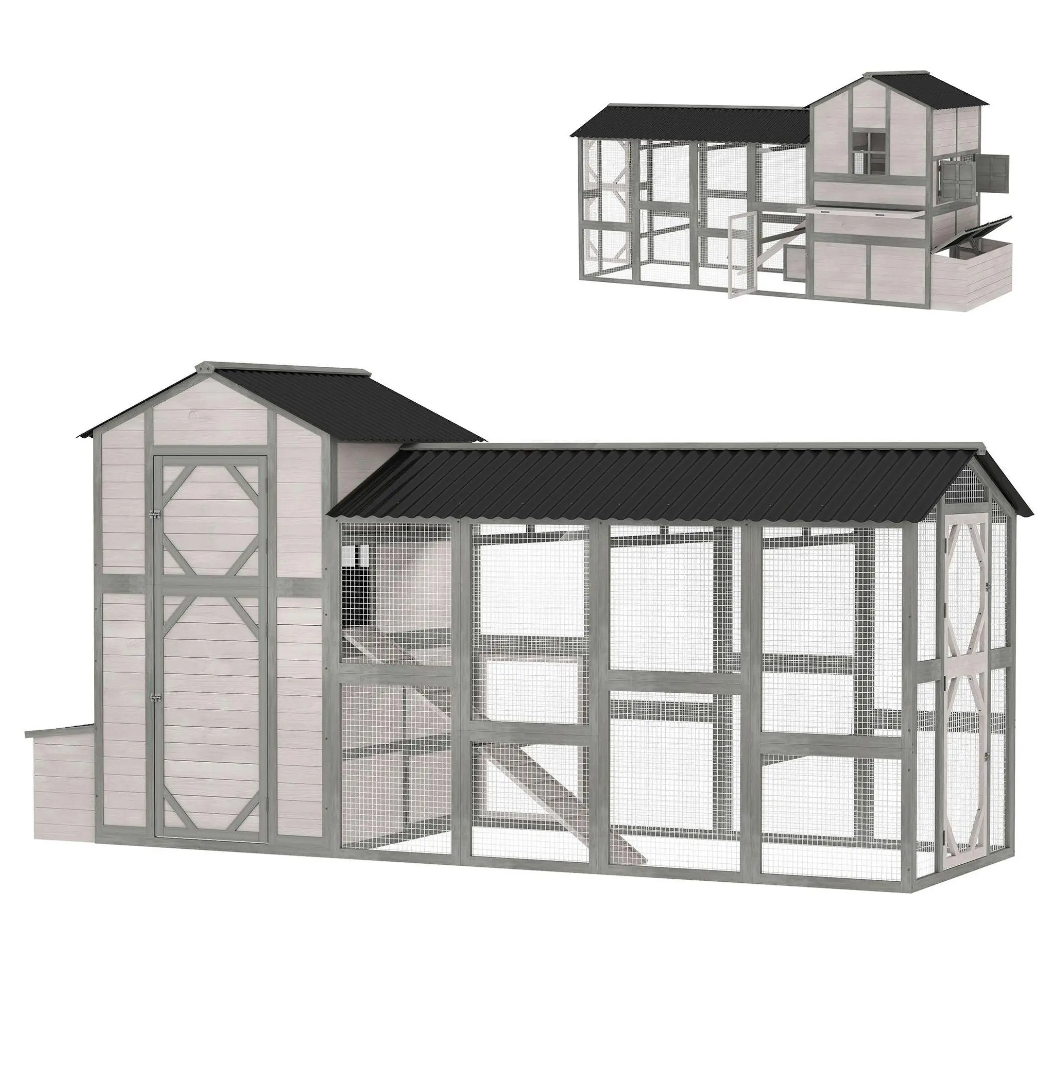 Large Chicken Coop for 8-10 Hens, 147" Wooden Coop with Run, Predator-Proof, Gray