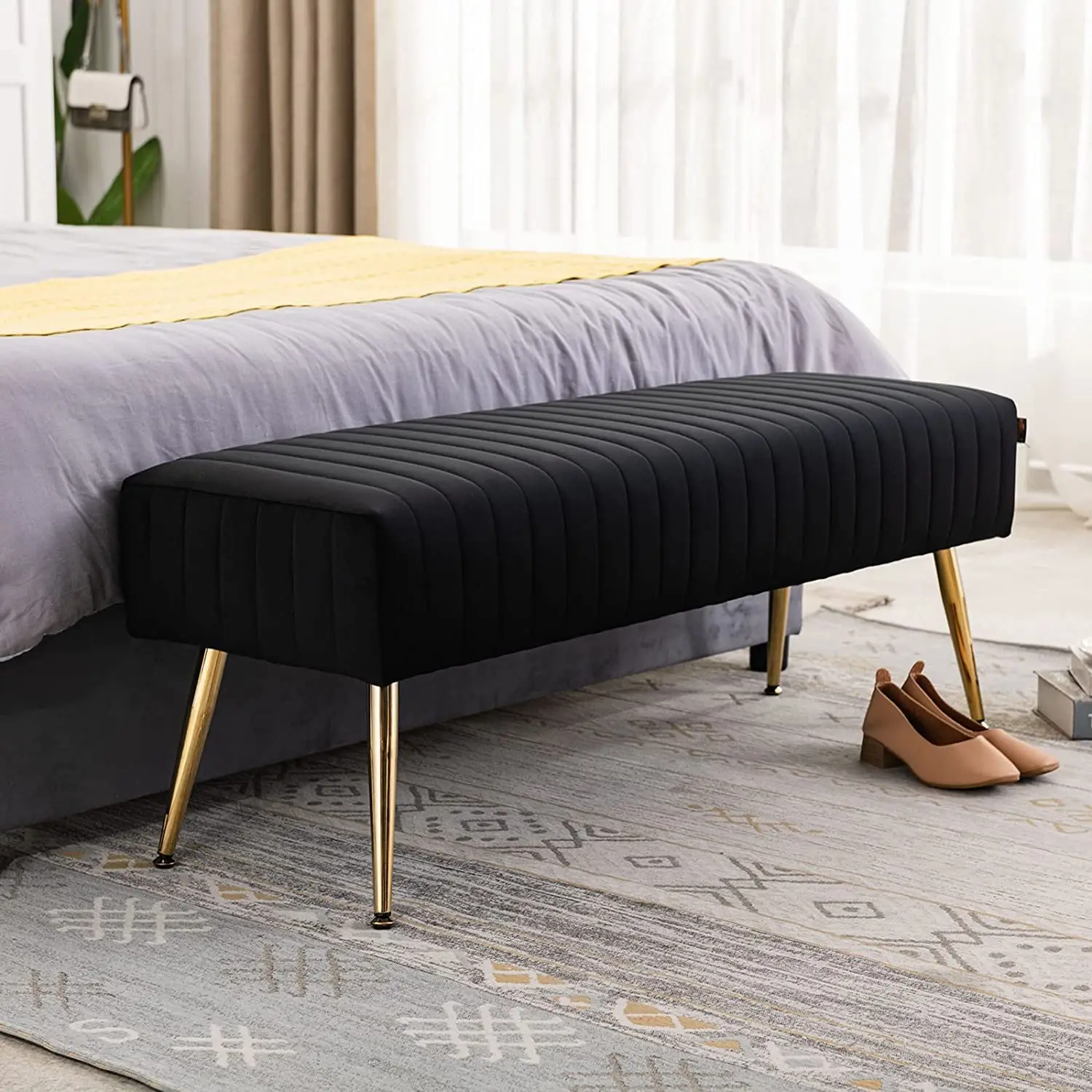 Furnimart 44 Inch Velvet Ottoman Bench Footrest Bedroom Bench End of Bed Tufting Bench with Gold Legs for Living Room Bedroom Entryway Piano Seating
