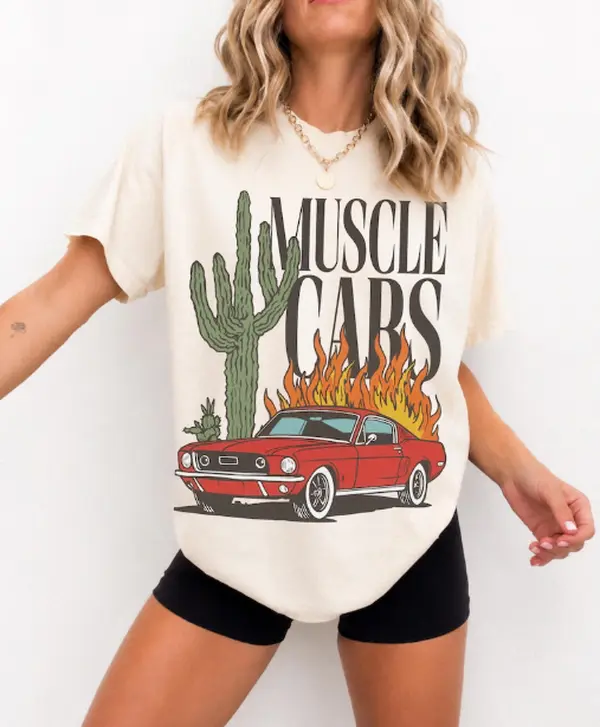 Muscle Cars Graphic Tee , Retro Red Muscle Car, Cactus & Flames T-Shirt