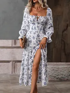 Fashion Ditsy Floral Backless Slim Fit Dress, Sweet Style Woven Fabric, Fall & Winter Wear, Elegant Split Design, Women's Clothing, Womenswear