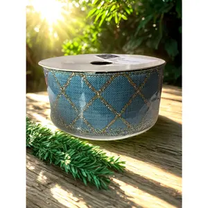 1.5" Teal Blue Fabric Ribbon with Gold Glitter Diamond Pattern – 1.5" x 10 Yards