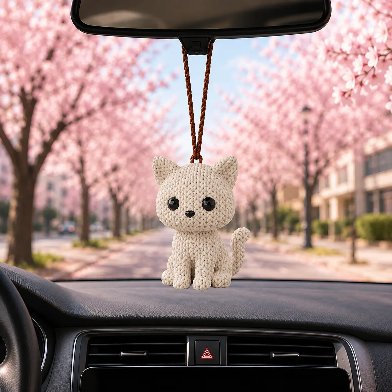Cat Car Hanging Ornament, 3D Printed White Cat with Knit Texture, Cute Rearview Mirror Decoration, Car Interior Decor Gift for Cat Lovers, Drivers, Friends and Family