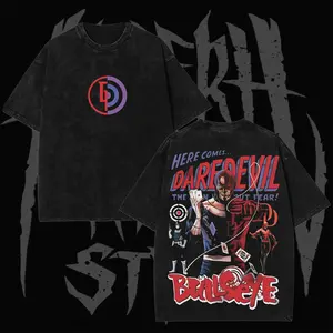 Retro Daredevil "Bullseye Rivalry" Edition Graphic Double-Sided Vintage Washed T-Shirt, Unisex Oversized Heavyweight Cotton Streetwear Top, Ideal Gift for MCU Fans & Vigilante Collectors