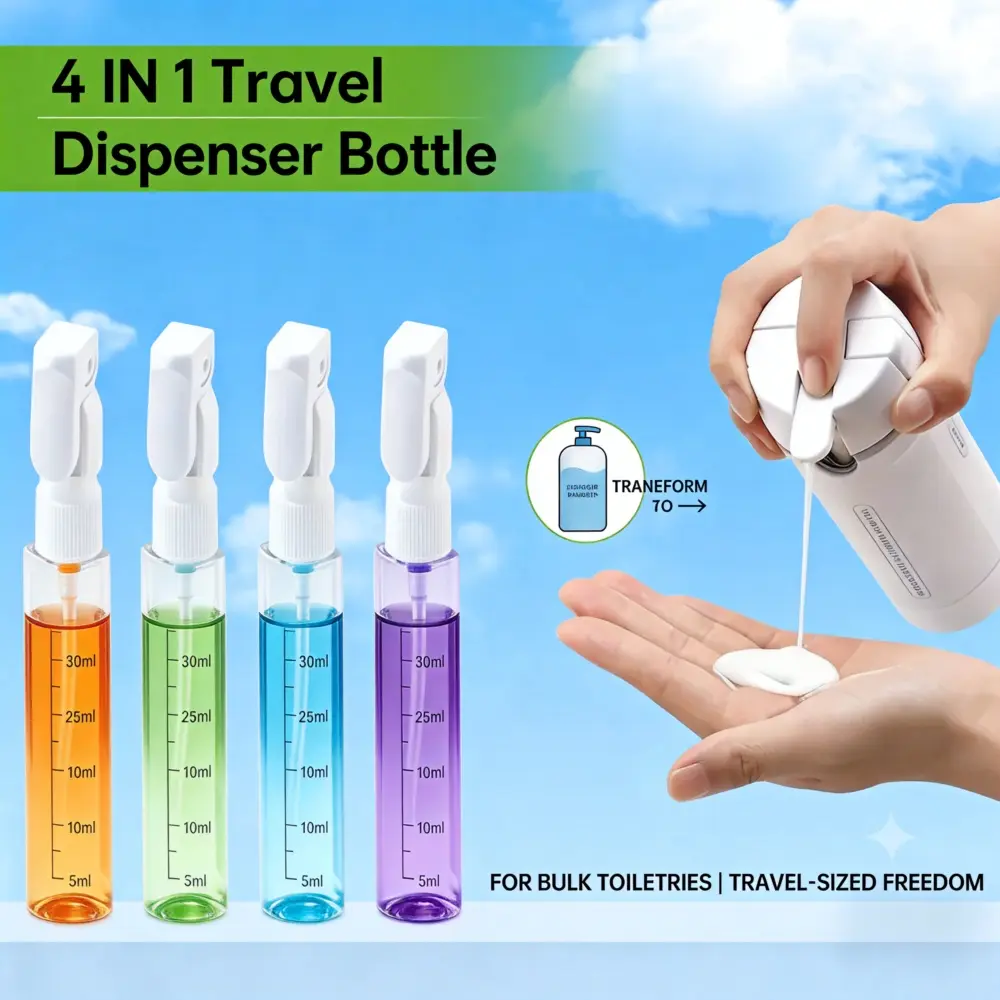 4-in-1 Rotatable Travel bottle - Leakproof Easy-Press Pump for Shampoo, Lotion, Cosmetics - Compact Plastic Toiletry Storage with Smooth Flow, Carry-On Bathroom Essential White Tin Organiser