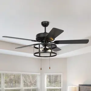Parrot Uncle 52" Urbana In Indoor Matte Black Industrial Ceiling Fan With Pull Chain And Light Kit