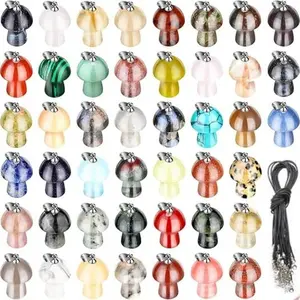 20Pcs/10Sets Mini Mushroom Shaped Natural Crystal Stone Pendant with Pu Leather Rope Set for Women, Assorted Varieties, Colorful, Sparkling, Gift for Valentine's Day & Birthday Party