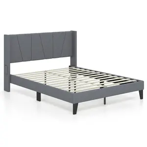 COSTWAY - Full/Queen Size Bed Frame with Wingback Headboard and Wood Slat Support-Queen Size