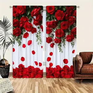 Valentine's Day Creative Floral Curtains, Cute Cartoon Art Style, Semi-Opaque, Home Decor for Kitchen, Living Room, Bedroom