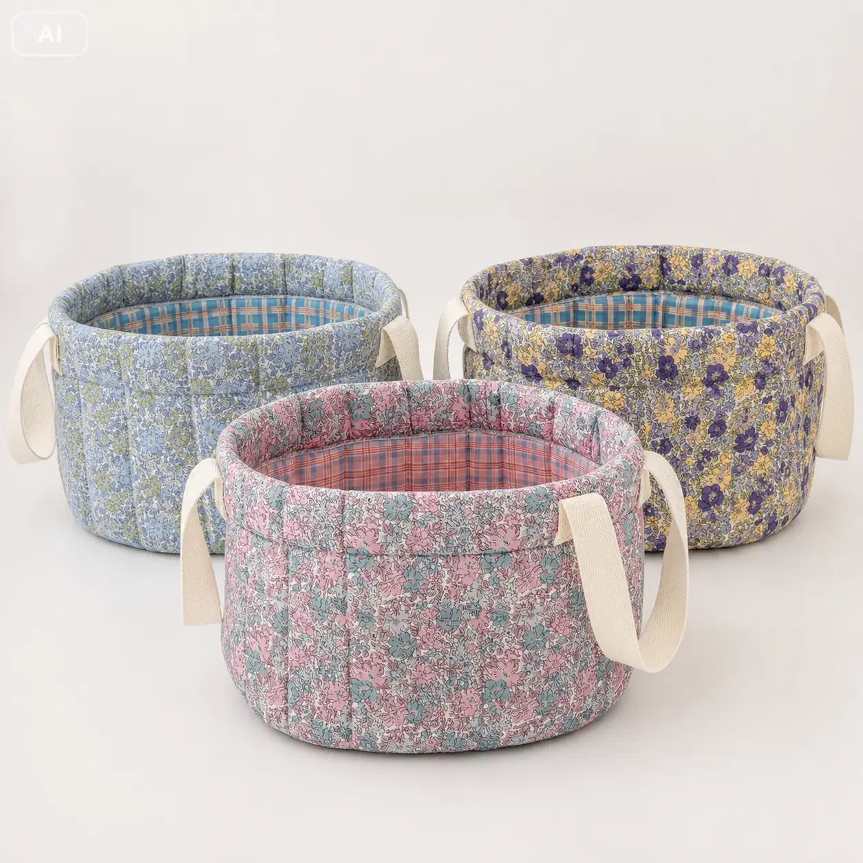Vintage quilted medium floral round basket storage organizer — fabric organizer for desktop, bedroom, and bathroom clutter