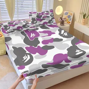 Streetwear Purple Gray Camo Ape Fitted Sheet Set, 1 Fitted Sheet + 2 Pillowcases, Stylish Camouflage Monkey Print Bedding, Soft Microfiber Bed Linen for Teens, All Season Bedroom Decor