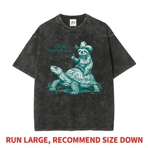 Funny Cowboy Sloth Riding Turtle Meme Heavyweight Washed T-Shirt Unisex Oversized Vintage Graphic DTG Tee