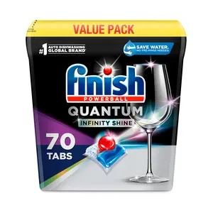 Finish Quantum Infinity Shine 70 Tabs No Pre-Rinse Dishwasher Detergent Soap Removes 24HR Dried-On Stain and Grease Leaving a Virtually Spotless Shine