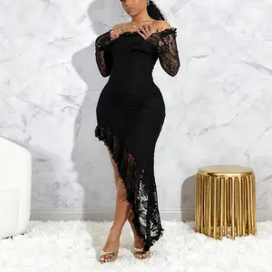 Echoine Lace Dress Off the Shoulder Long Bell Sleeve High-Low Hem Elegant Slim Fit Asymmetrical Cocktail Dress for Formal Occasions Elastic Red Style prom dress wedding guest dresses spring wedding guest dress