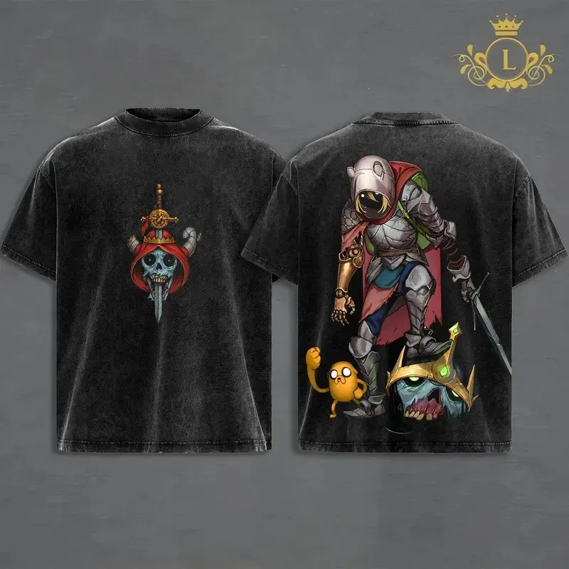Finn vs The Lich Adventure Time Vintage Washed T-Shirt Hoodie, Double Sided Cartoon Dark Fantasy Graphic Tee, Oversized Heavyweight Cotton Streetwear Shirt, Retro Hero Villain Fan Merch, Unisex Collector Gift Apparel