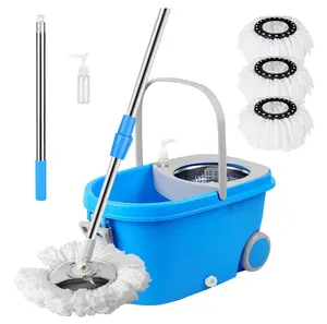 Mop and Bucket with Wringer Set for Home，360° Spin Mop and Bucket on Wheels and 3 Microfiber Mop Refills, Stainless Steel 61" Extended Handle Spinning Mop Bucket System for Floor Cleaning