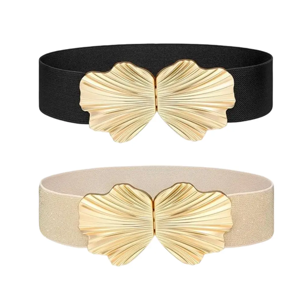 2Pcs Women Wide Elastic Belts for Dresses Fashion Stretchy Waist Belts Ladies Cinch Belts with Gold Buckle